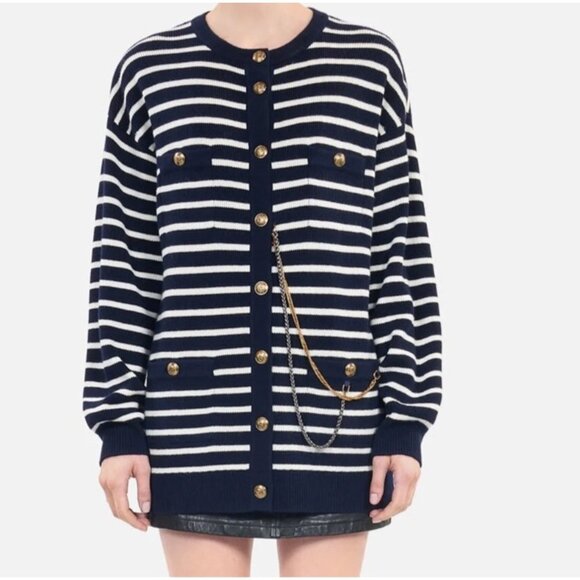 NWT The Kooples‎ Crew Neck Cardigan 100% Wool Blue White Stripe MSRP $525 - Picture 11 of 13